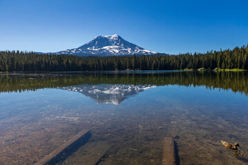 reflection of Mt.Adams in Takhlakh Lake under a clear blue summer sky in Washington State