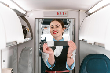 Beautiful flight attendant demonstrates flight safety instruction by using seat belt 