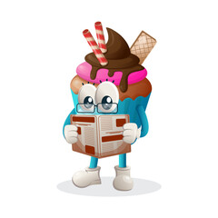 Cute cupcake mascot read newspapers