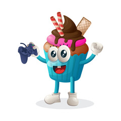 Cute cupcake mascot playing videogame with holding joystick