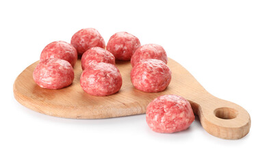 Cutting board with raw meat balls on white background