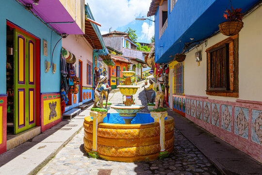 colorful street of guatape colonial town, colombia