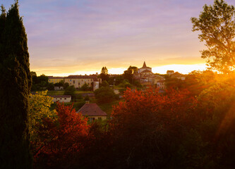Monpazier, 13th century bastide in Dordogne at dusk