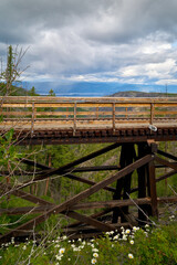 Myra Canyon Trestle 18 Kelowna vertical. Historic railroad trestles used for biking and hiking surround Myra Canyon located in Myra-Bellevue Provincial Park in Kelowna.

