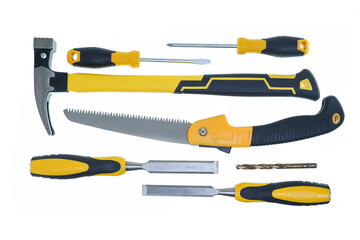different type of yellow and black hand tools flat lay isolated white background with copy space 