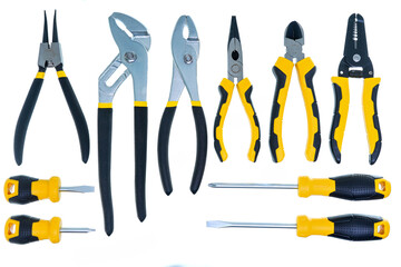 different type of yellow and black hand tools flat lay isolated white background with copy space 