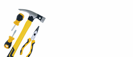 different type of yellow and black hand tools flat lay isolated white background with copy space 