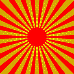 Red sunburst retro background with sun rays and yellow halftone.