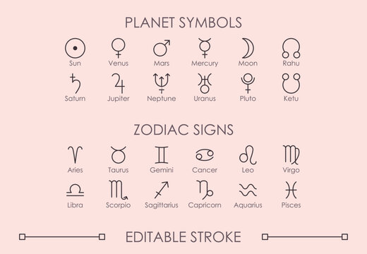 Set of Astrological and Zodiac signs vector thin line isolated icons with editable stroke. Planet symbols: Sun, Venus, Mars, Mercury,  Moon, Jupiter, Saturn, Neptune,  Uranus, Pluto, Rahu, Ketu.