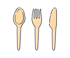 Brown disposable eco friendly material tableware set, fork, spoon, knife, isolated vector illustration.