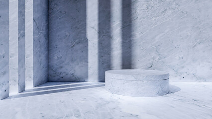 A 3d rendering image of white marble product display on white marble floor and wall