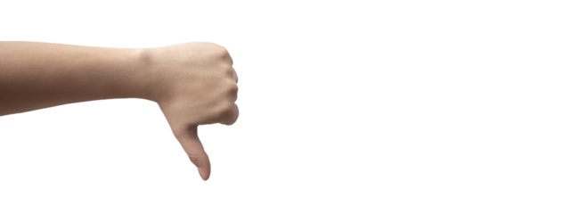 a man's hand with thumb down giving dislike on transparent background PNG