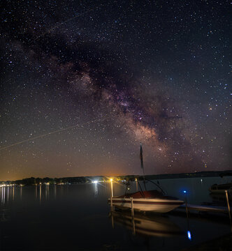 Milkyway galaxy over ski lake with reflections