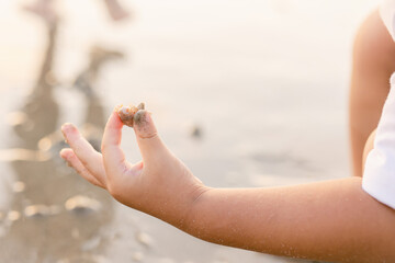 Fototapeta na wymiar hands of the child and the sea