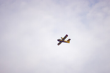 Firefighting airplane with water from a lake to extinguish wildfire in a forest