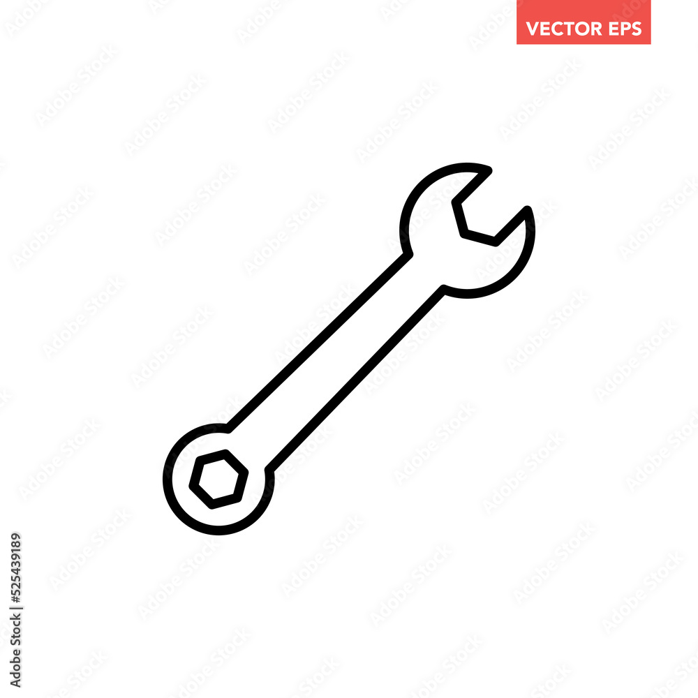 Wall mural Black single wrench line icon, simple outline spanner tool flat design pictogram, infographic vector for app logo web button ui ux interface elements isolated on white background