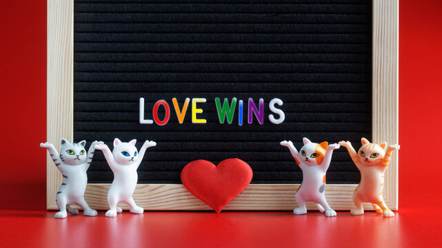 Four different colorful dancing toy kittens from the meme next to the inscription love wins. Red background. The concept of a pacifist LGBT slogan about love.
