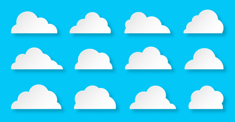 White paper cut clouds set isolated on blue background. Abstract different cloud shapes icon symbol collection. Network internet storage cartoon web banner. Think speech bubble origami concept
