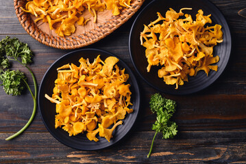 Edible orange mushroom on plate, Organic food ingredients in seasonal