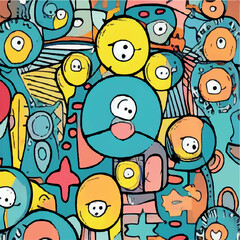 Abstract shapes, funny comic cute characters and doodles. Trendy modern illustration for poster, postcard or background