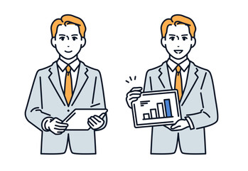タブレット端末を持って説明するスーツの男性のシンプルなベクターイラスト素材