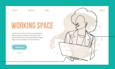 Coworking Space Landing Page Flat Cartoon Template. Freelancers Team Working Online on Laptop. Business People Sharing Open Workspace. Outline Vector Illustration