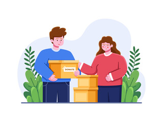 Volunteers Giving Donation To Other People, Vector Cartoon Illustration.
Volunteers Carrying Donation Box.
International day of charity, 5 September.
Happy volunteers sharing donation.