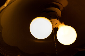 暗い部屋の中で光る二つの電球
