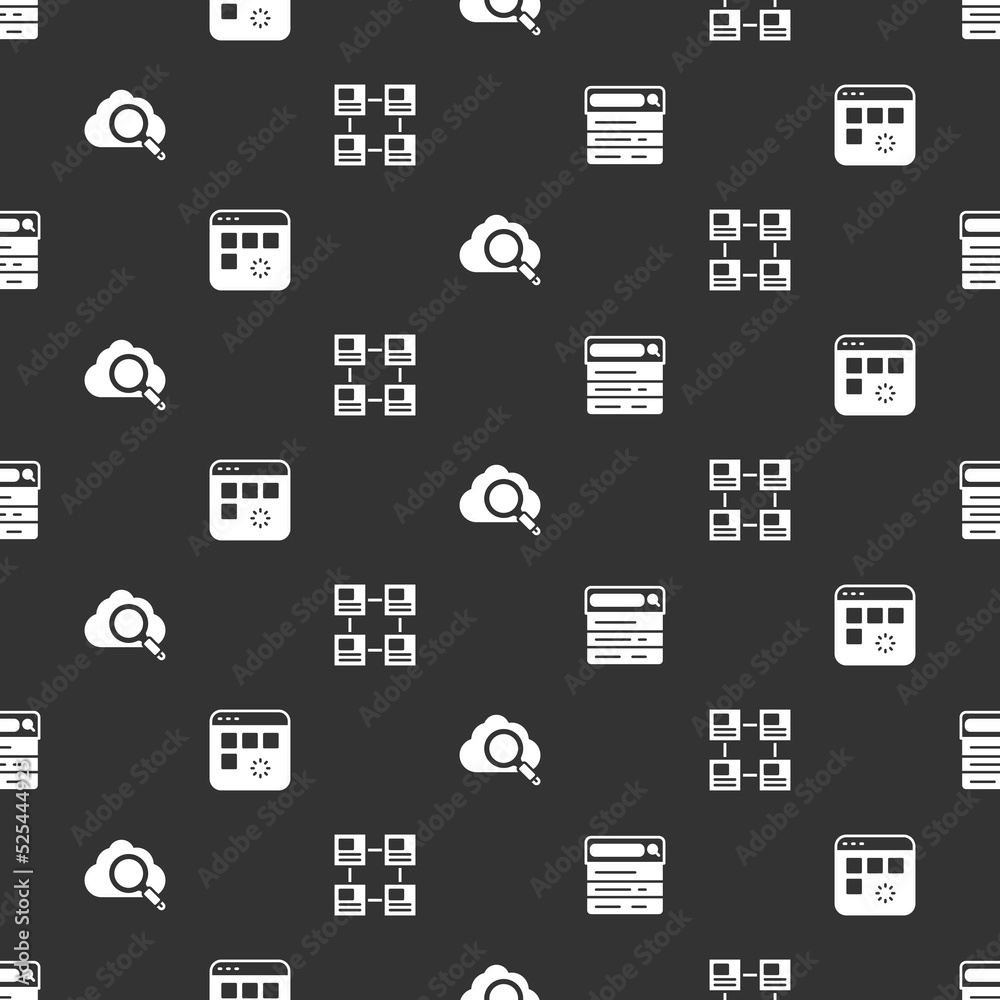 Poster set search engine, loading data window, cloud computing and hierarchy organogram chart on seamless p