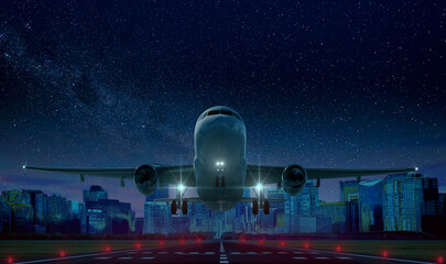 Commercial airplane Take off at night on airport runway with city in the background, 3D illustration.