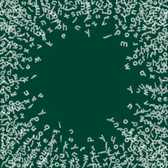 Falling letters of English language. Childish chalk flying words of Latin alphabet. Foreign languages study concept. Exceptional back to school banner on blackboard background.