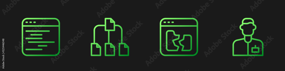 Poster set line broken file, software, folder tree and analyst engineer. gradient color icons. vector