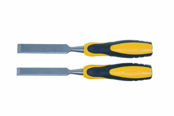different size of yellow and black chisel hand tools flat lay isolated white background with copy space 