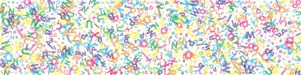Falling letters of English language. Colorful messy sketch flying words of Latin alphabet. Foreign languages study concept. Noteworthy back to school banner on white background.