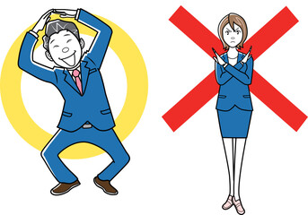 丸バツのジェスチャーをするビジネスマン、ビジネスウーマン