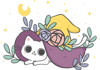 cute adorable Halloween kitten cat witch cartoon doodle animal hand drawing