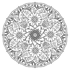 Floral Background with mehndi flower. Decorative ornament in ethnic oriental style, doodle ornament, outline hand draw. Coloring book page.