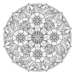 Floral Background with mehndi flower. Decorative ornament in ethnic oriental style, doodle ornament, outline hand draw. Coloring book page.