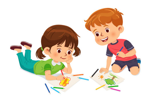 Little boy and girl drawing pictures with color pencils on a paper laying on floor. Cartoon character isolated on white background