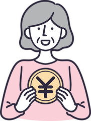 コインを見っているシニア女性　シンプルイラスト