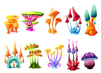 Fantasy magic cartoon mushrooms, fairy tale toadstools and fantasy alien forest trees. Isolated vector fairy witch amanita mushrooms and neon glow toadstools , fantastic game asset
