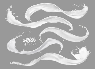 Milk, yogurt or cream white wave splashes, isolated dairy milky flow swirls with splatters. Realistic vector fluids, liquid stream with drops, fresh food, calcium product 3d splashes