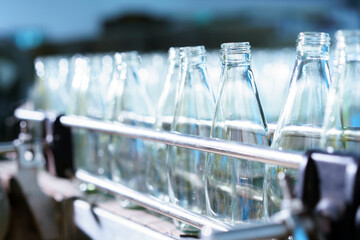 Lots of empty glass bottles in the carton prepared to feed into the manufacturing line.