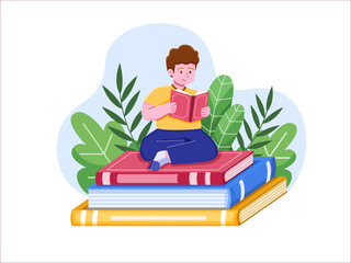 People Sitting On Top a stack Big Book And Reading a Book Vector Illustration.
Happy International Literacy Day on 8 September.