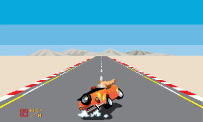 Arcade pixelated race car vector illustration. desert race track. retro machine game