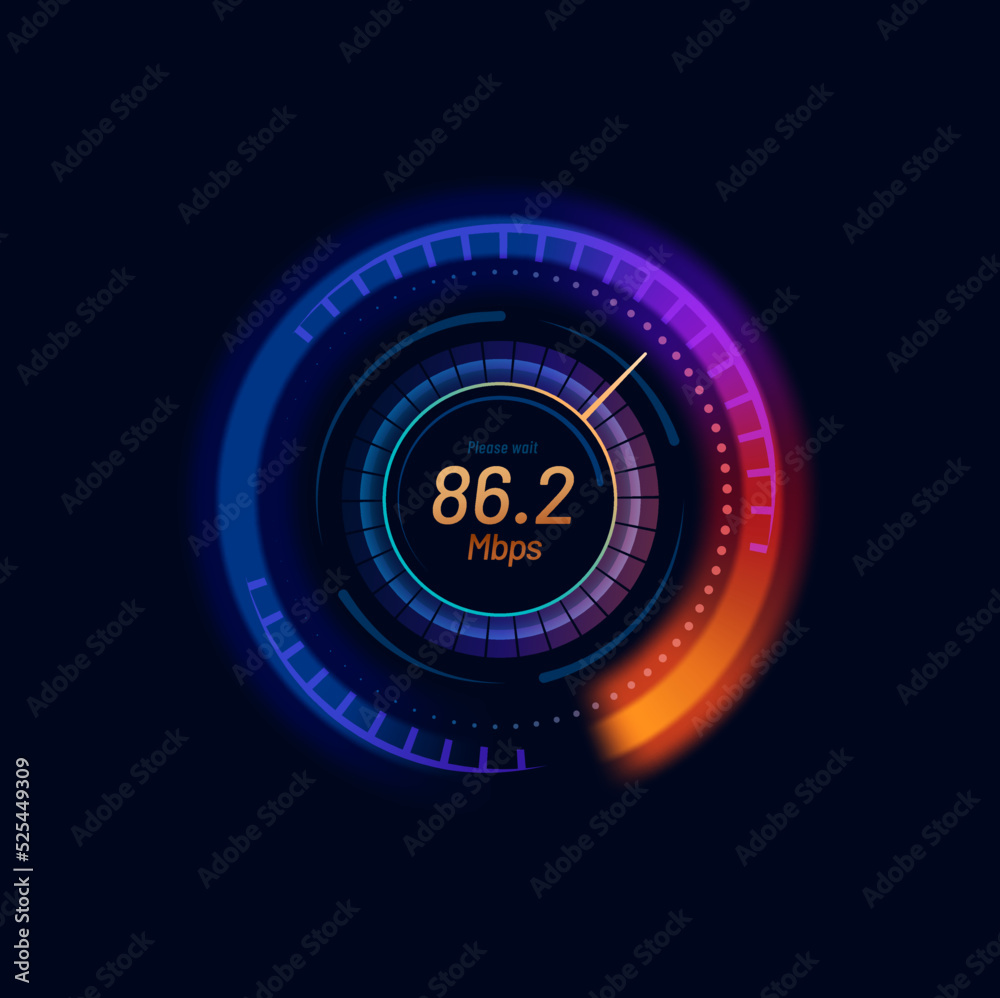 Poster Futuristic Internet speed meter dial with neon gauge and arrow. Web connection, network or information download speed vector indicator. Internet bandwidth, WI-FI signal strength test app display