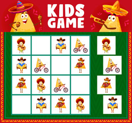 Obraz na płótnie Canvas Sudoku game worksheet, funny mexican nachos chips characters. Vector kids riddle with cartoon tex mex snacks personages on chequered board. Educational task, children crossword teaser, boardgame