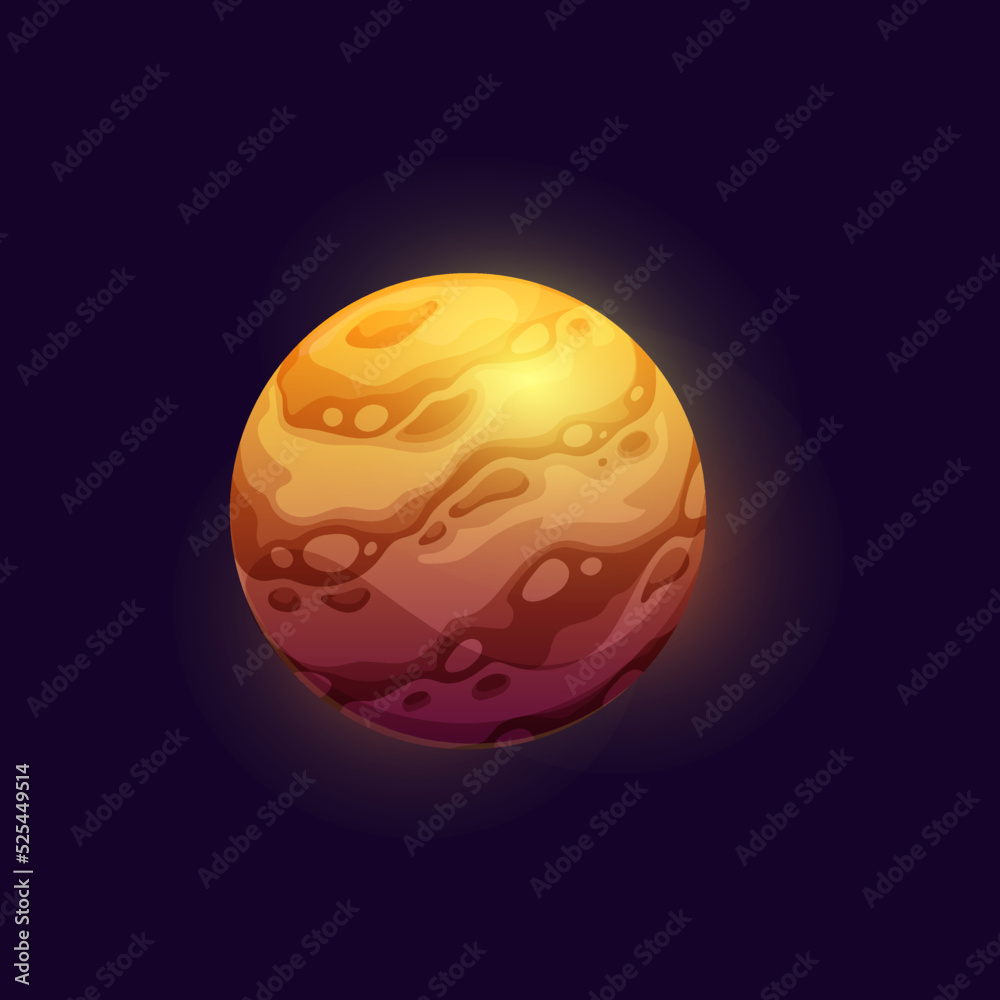Poster Cartoon space planet with stone and gold stripes. Sci-Fi space game UI alien planet vector icon with rocky and desert surface, mountains ranges. Fantastic galaxy inhabited world or moon satellite