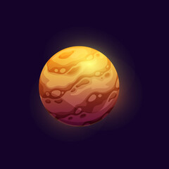 Cartoon space planet with stone and gold stripes. Sci-Fi space game UI alien planet vector icon with rocky and desert surface, mountains ranges. Fantastic galaxy inhabited world or moon satellite