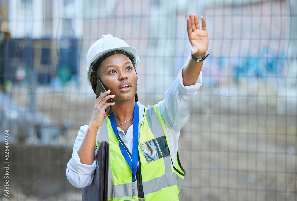 Poster construction worker, maintenance and development woman multitask on a phone while working. building 